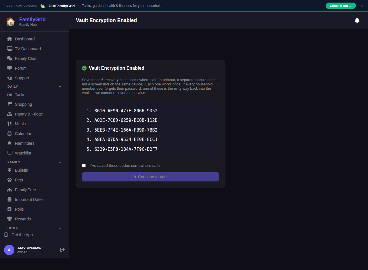 Five one-time recovery codes shown after enabling vault encryption